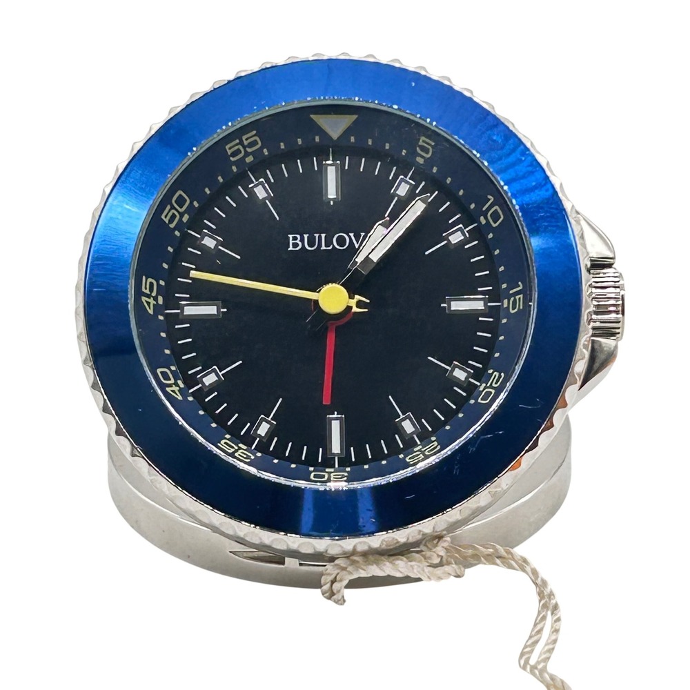 NEW‎ Bulova Stainless Steel Travel Table Alarm Clock Blue Bezel Desk RUNNING